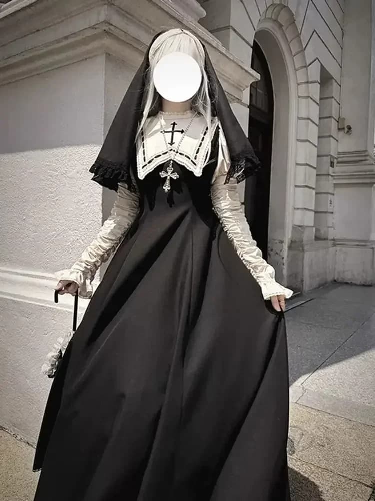 Manica a palloncino Splendido ed elegante costume cosplay di Halloween Abito da sera lungo nero per donna Abito da suora Lolita gotico scuro