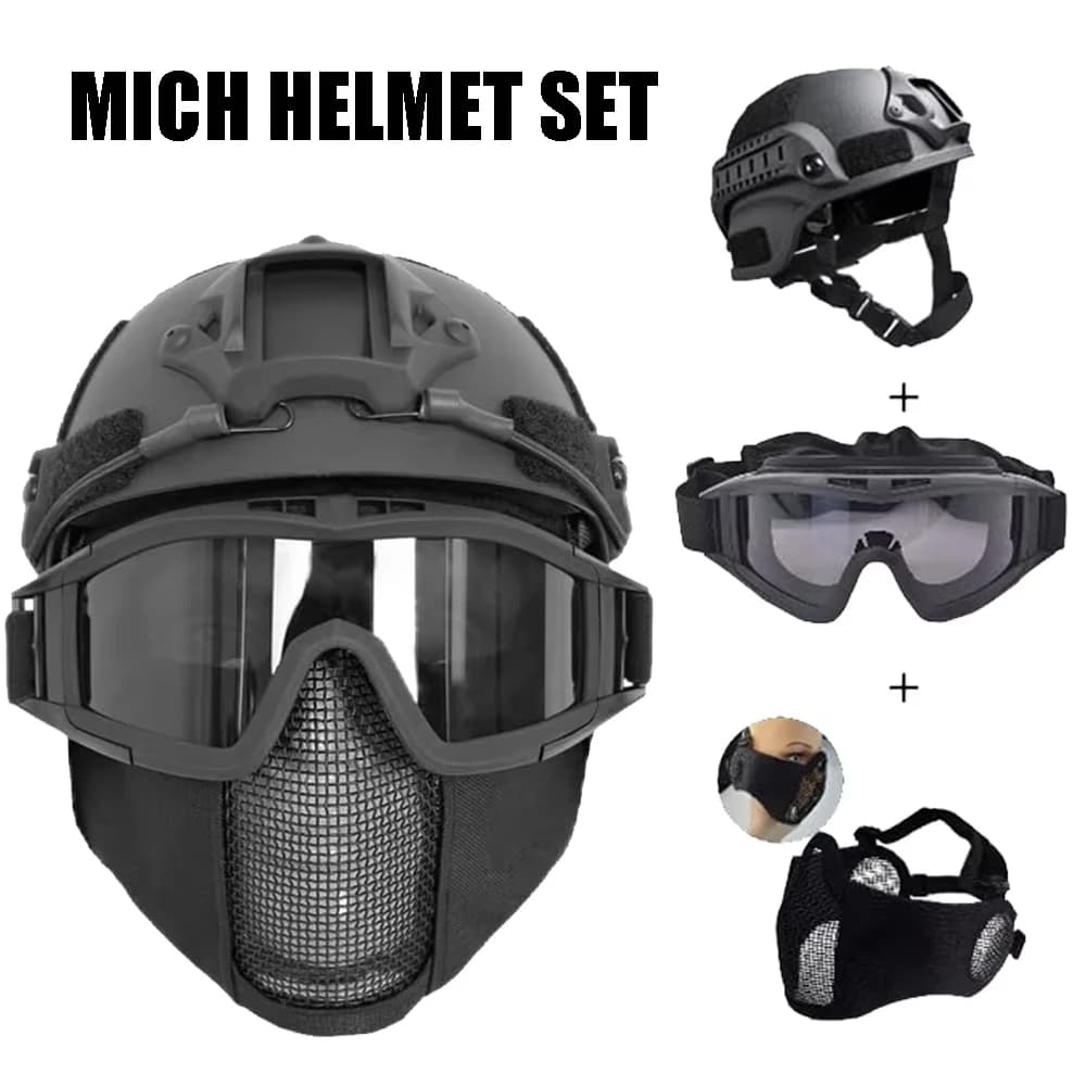 Set MICH Airsoft Helmet and Half Face Mask, Tactical Helmet with Side Guide, Airsoft Glasses for Paintball and Open Hunt