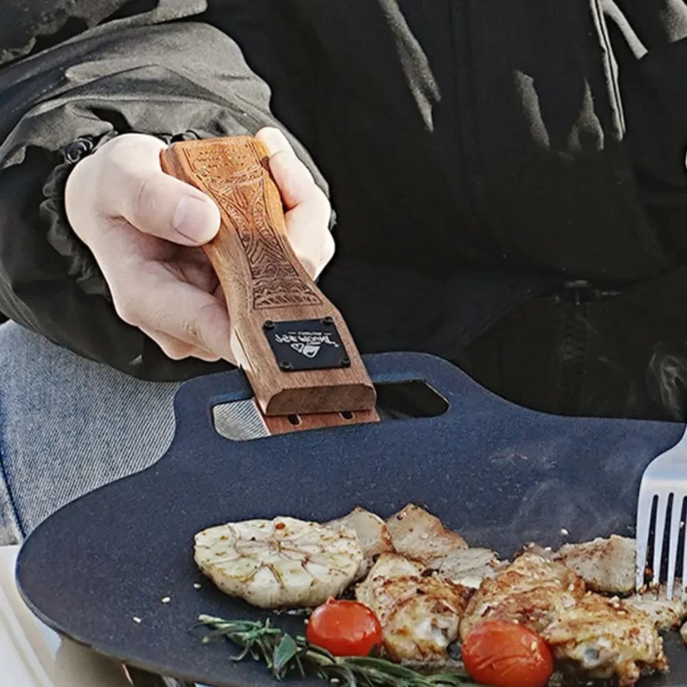 Outdoor Natural Wood Grill Pan Handle Detachable Heat Resistant Anti Scald Grip BBQ Plate Clip Portable Camping Cooking Tool