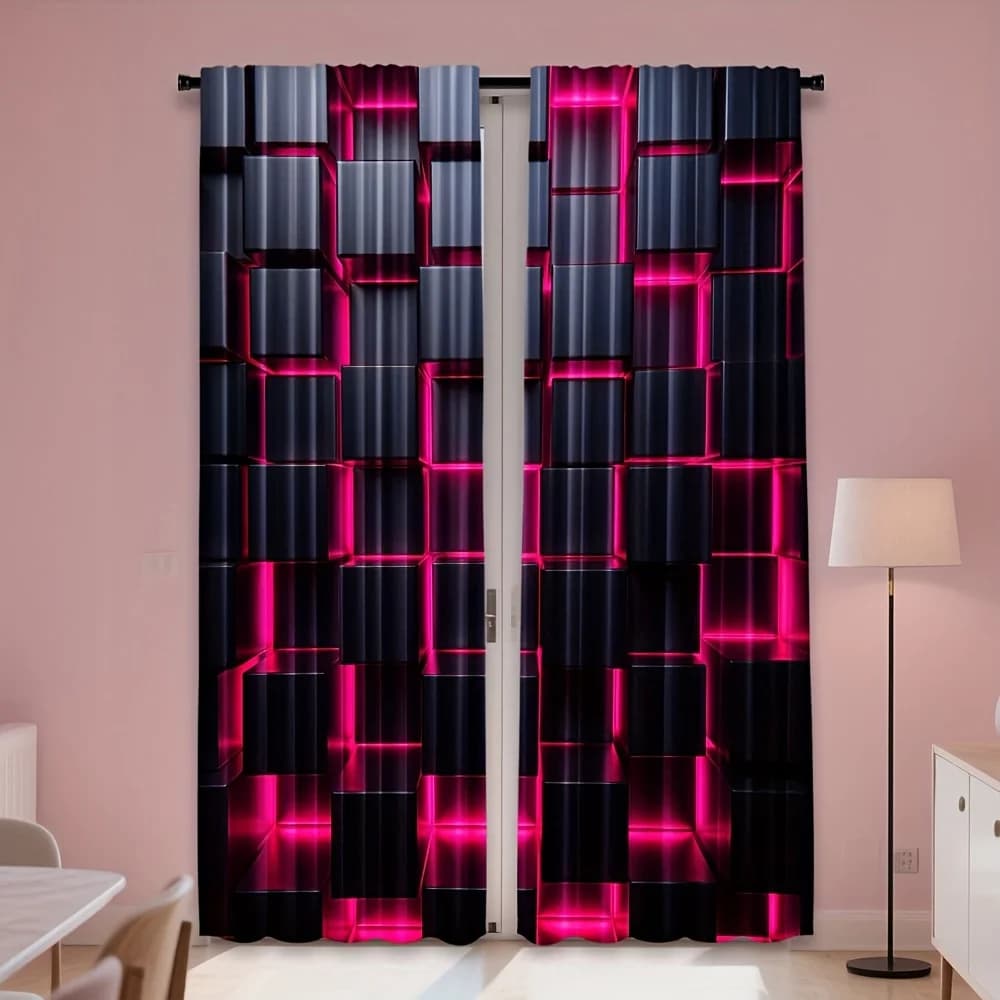 2pcs, Abstract Black Cubes Pink Glow Curtains, Rod pocket design, Machine Washable, All Season Decorative, Designed for Living R
