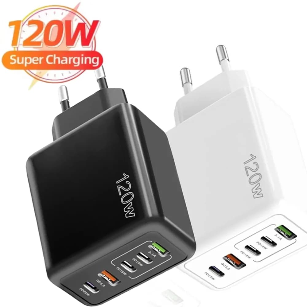 Caricatore rapido USB C 5 porte Adattatore di alimentazione per caricabatterie a ricarica rapida totale 120 W per caricatore da muro a ricarica rapida con ricarica USB universale