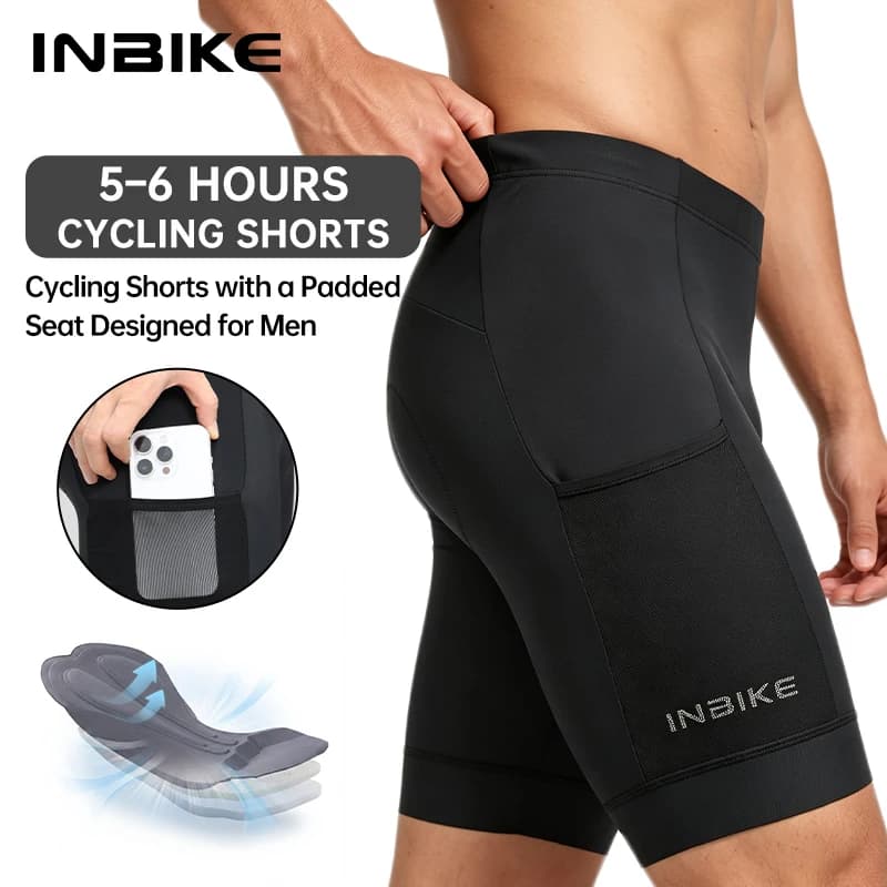 INBIKE Men Cycling Shorts with Side Mesh Pockets 5-6H Padded Men Mountain Road Biking Riding Half Pants Tights Bicycle Pants