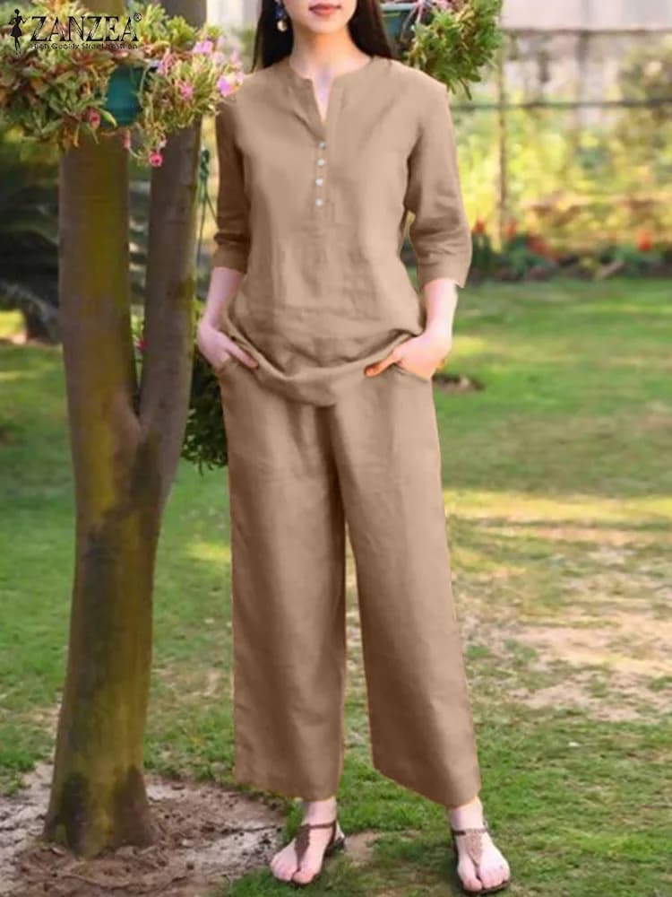 2024 ZANZEA Moda 2PCS Donna Autunno Tuta Pantaloni eleganti Abiti OL Abito da lavoro Scollo a V Manica 3/4 Camicetta Pantaloni Set