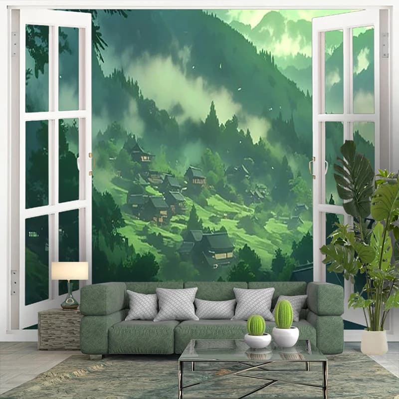 1PC Digital Print Tapestry Wall Hanging, Fake Window Rose Arch Garden Path Art, Nature Scenery 3D Window Wall Art Decor