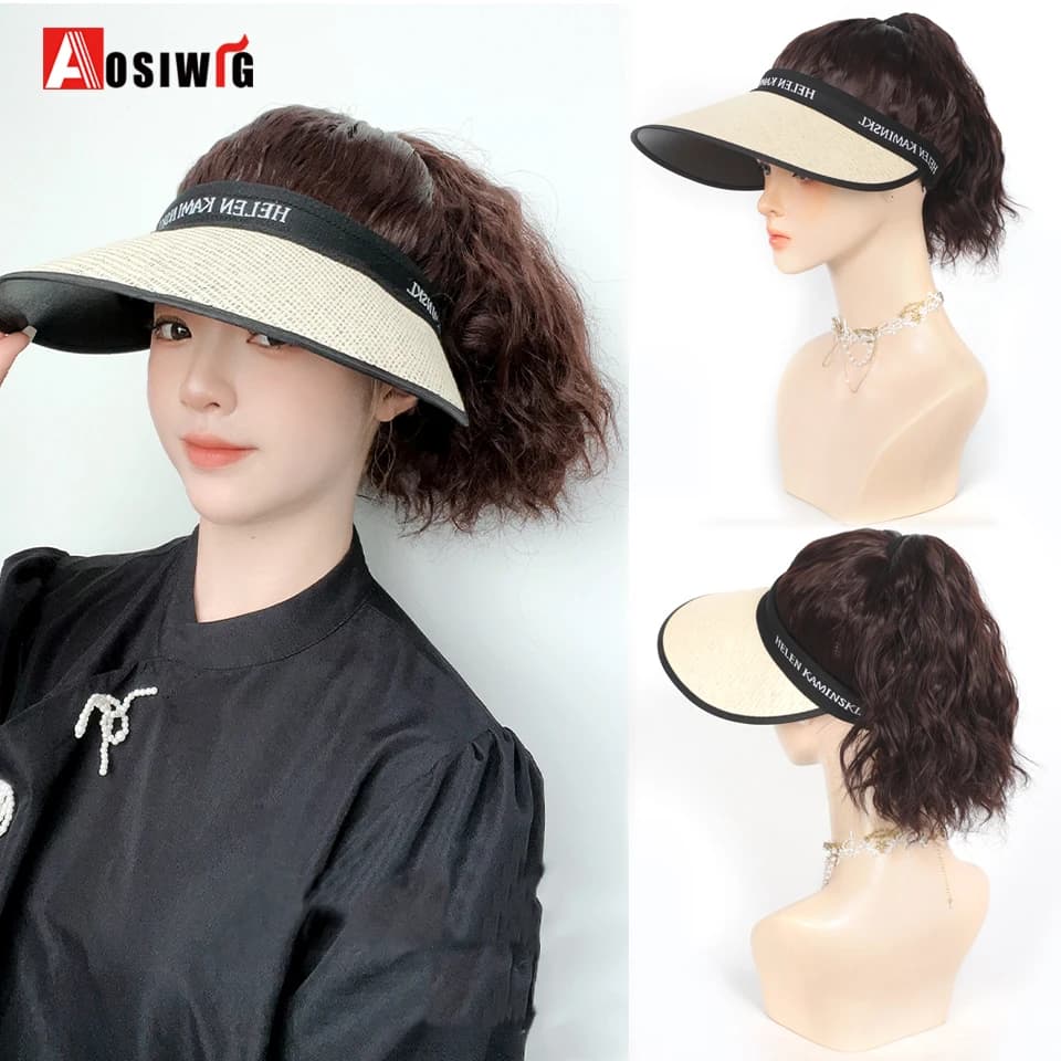 Berretto da spiaggia per il sole Parrucca per cappello per protezione solare primavera estate Parrucca sintetica a coda di cavallo corta ondulata Parrucche per cappelli facili da indossare per le donne