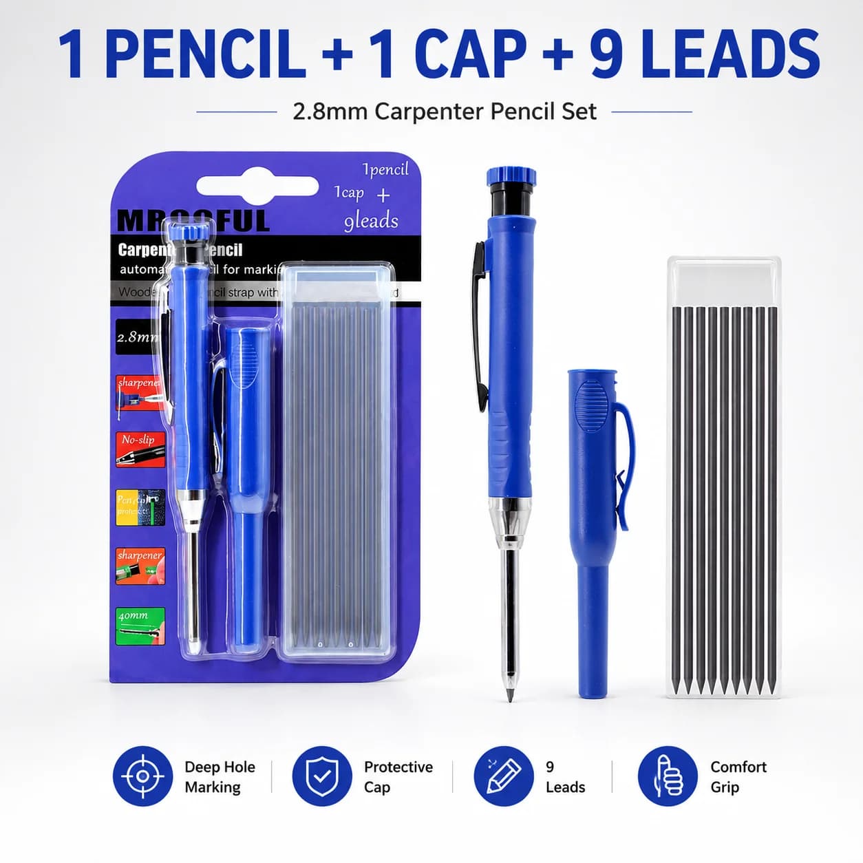2.8mm Woodworking Pencil Card Set with 9Leads Refill and 1Pen Cap,Deep Hole Carpenter Marking Pen for Architect Drawing Tool