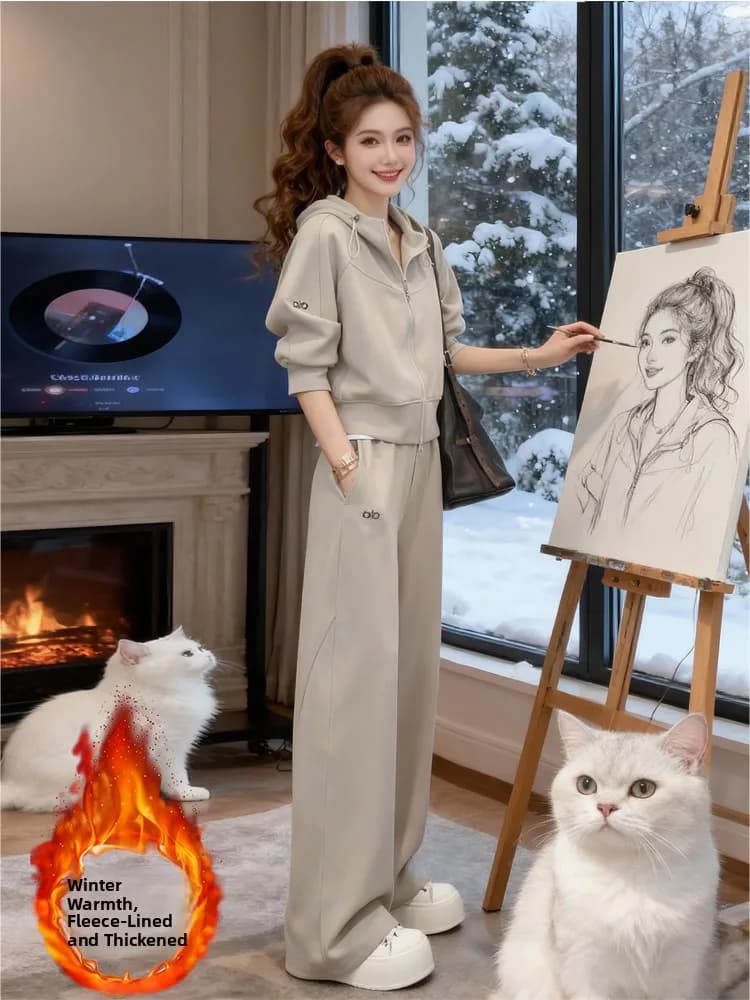 Set Sportivo Casual alla Moda per Donna, Autunno Inverno, Felpa con Cappuccio Beige Slim Fit e Pantaloni Lunghi, Completo Due Pezzi Elegante