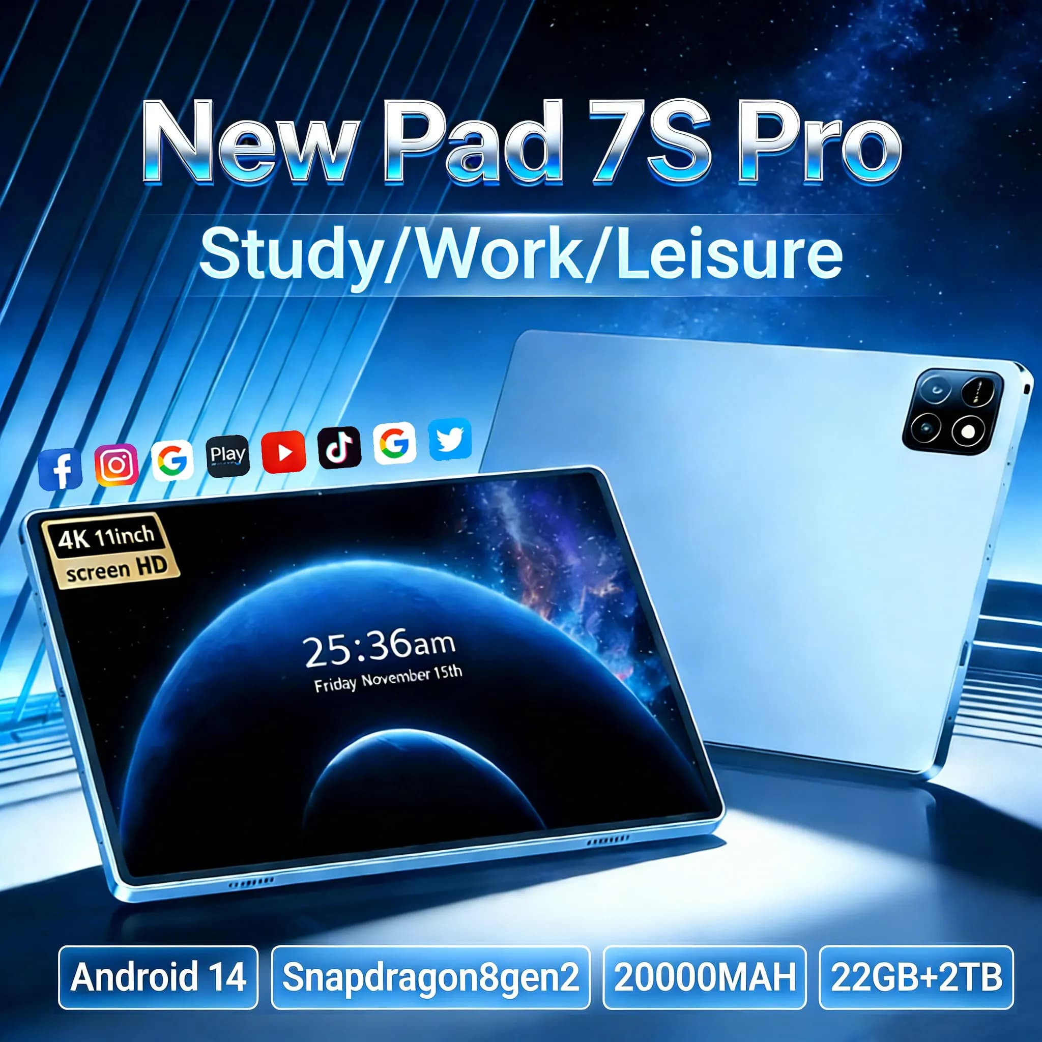 Pad 7 Pro Ultra 11'' Soft Light Screen Android 14 Snapdragon 8 Gen2 5G WiFi GPS WPS Global Tablet PC 2026 New