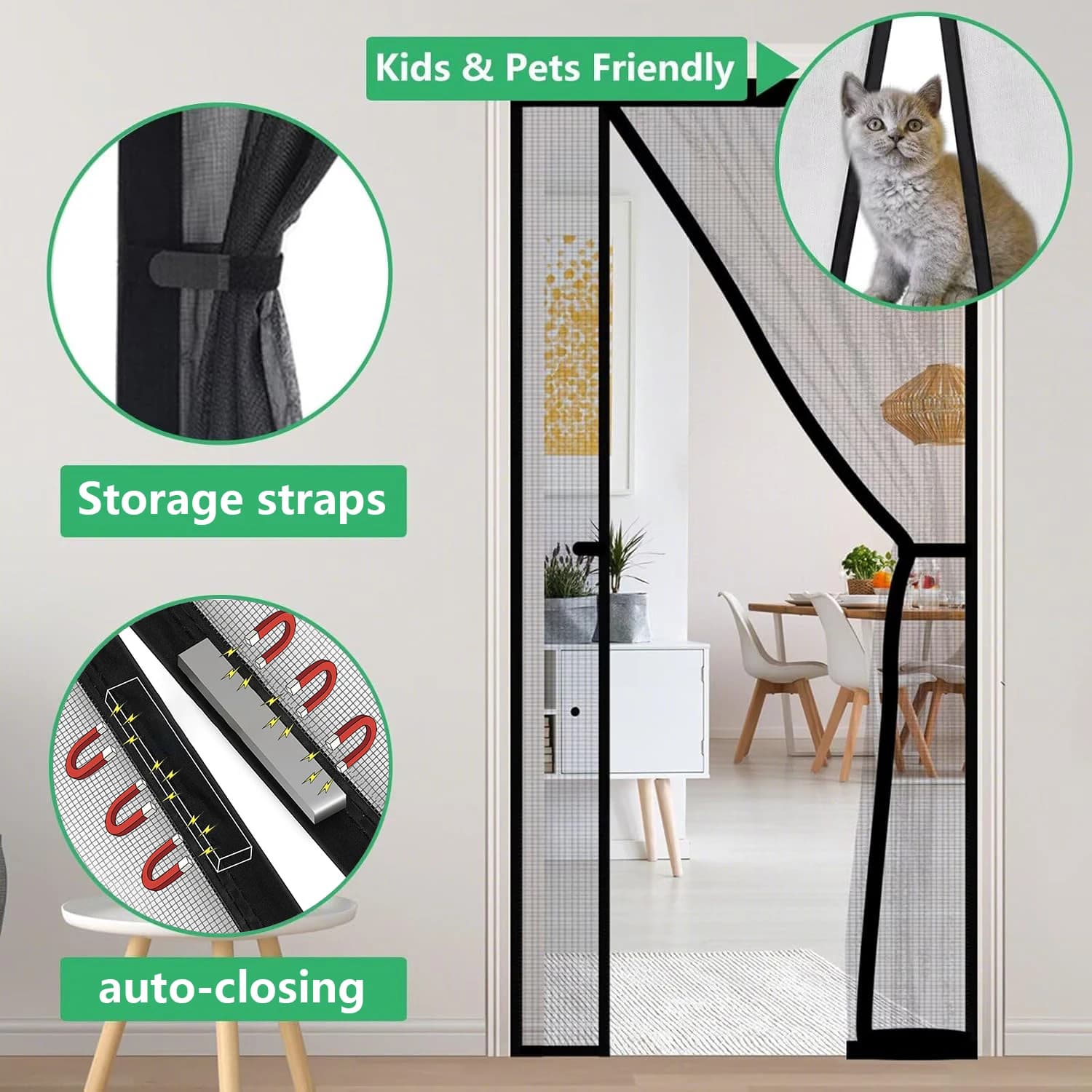 Zanzariera magnetica per porta, tenda a rete maneggevole senza mani, zanzariera resistente, adatta a bambini e animali domestici, nessuna perforazione richiesta, chiusura automatica