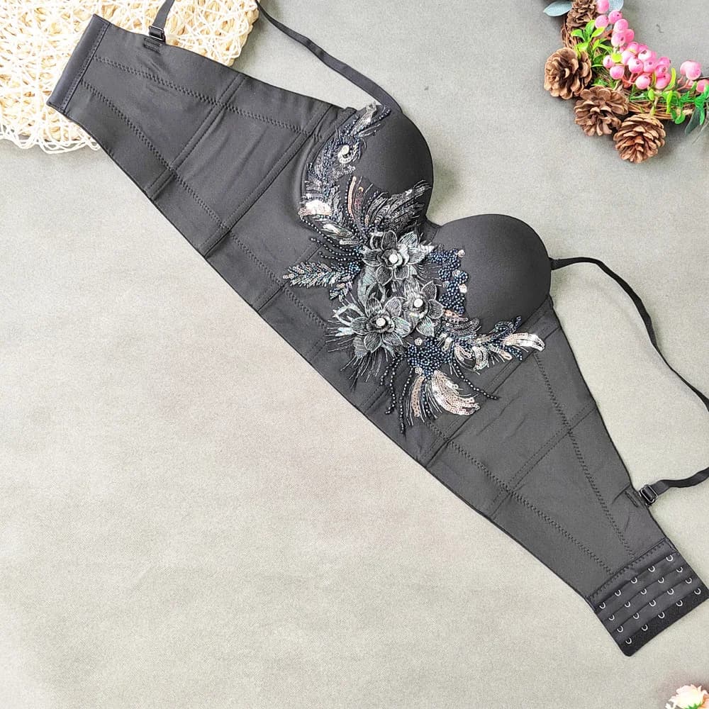 Elegant Embroidered Beaded Small Strap Elastic Fishbone Top Pure Color Stretchy Tube Bra Style Women's Fashion Summer Blouse