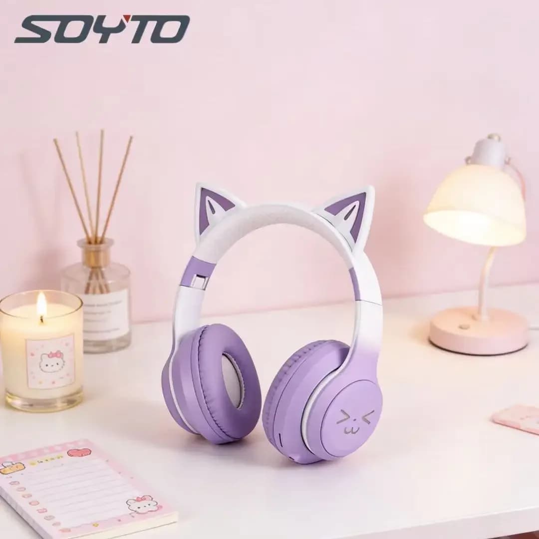 SOYTO Bluetooth Headphones with Earrings of Cat Sfumate, Wireless, Foldable, Stereo, for Gaming, Long Life, Carine, Over-Ear, Gift