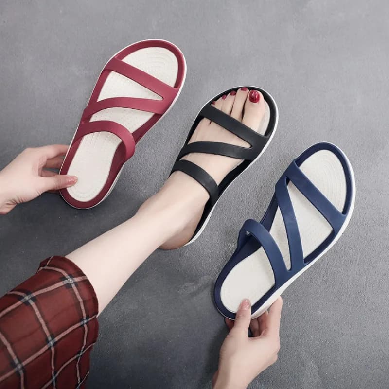 Women's Slippers Flat Bottom Round Head Sandals Solid Color Korean Style Casual Non-slip Beach Shoes Light Sandals Flat