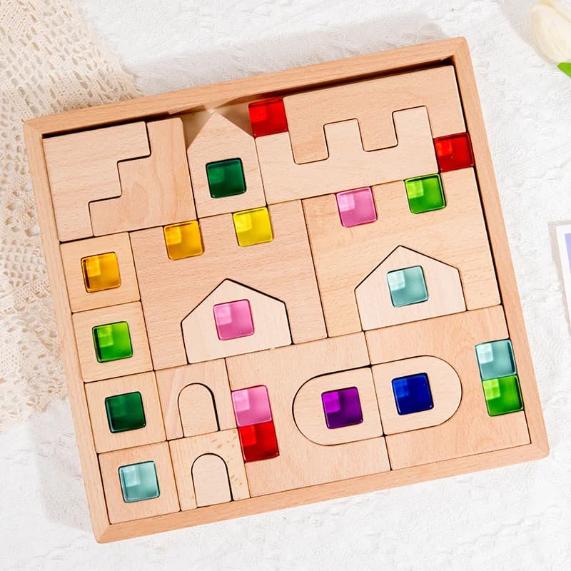 Wooden fairy tale town building block castle kindergarten build educational translucent acrylic light and shadow building block
