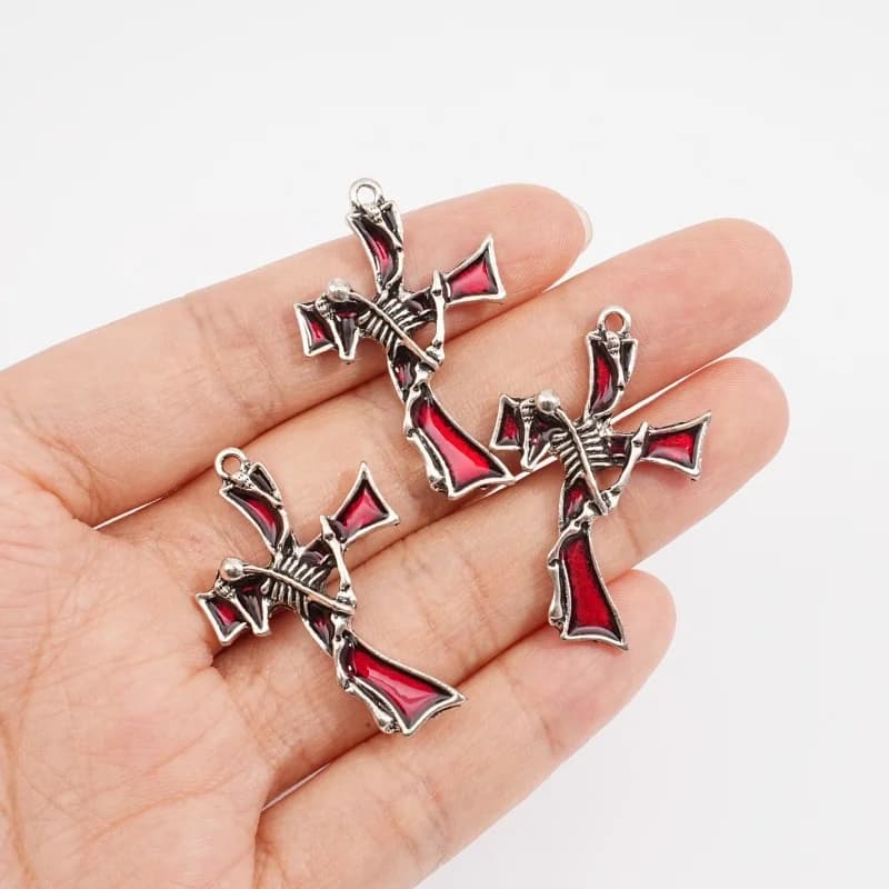 5Pcs Gothic Silver Skeleton Red Imitation Enamel Cross Pendant DIY Necklace Bracelet Jewelry Making Accessories