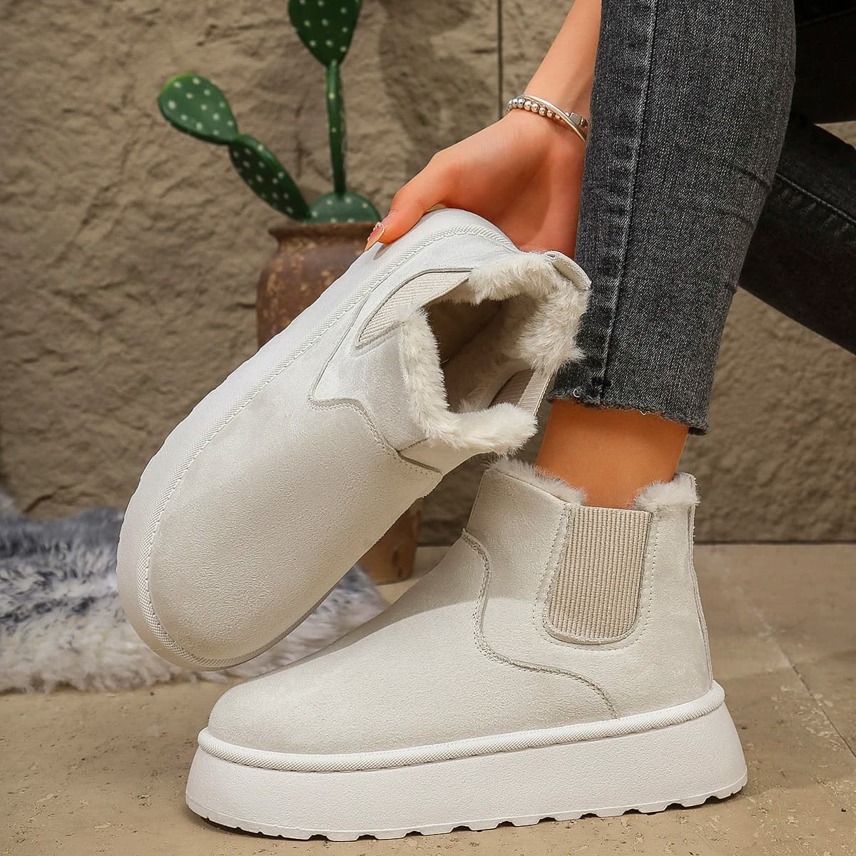 2026 Women Thick Bottom Snow Boots Cotton Lined Round Toe Slip-On Shoes Warm Rubber Sole Shoes Women Comfortable Mid-Cut Boots