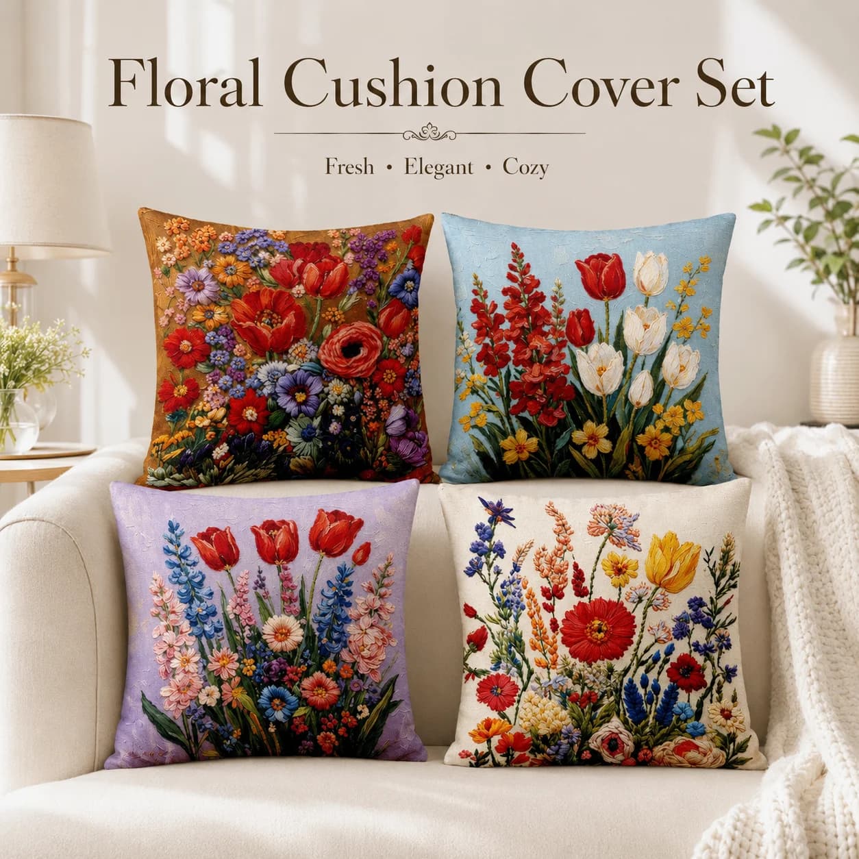 4Pcs Floral Cushion Covers 2D Flat Printed Peach Skin Oil Painting Flower Room Decor Coussin Spring Sofa Throw Pillowcases Set