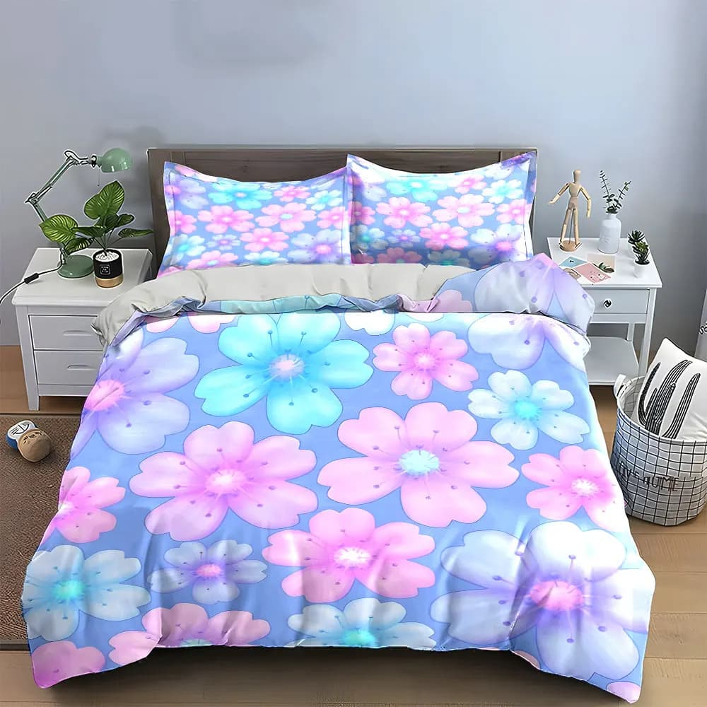3Pcs Pastel Cherry Blossom Bedding Set, Soft Pink and Blue Sakura Flower Print Duvet Cover + 2 Pillowcases,home Floral Decor