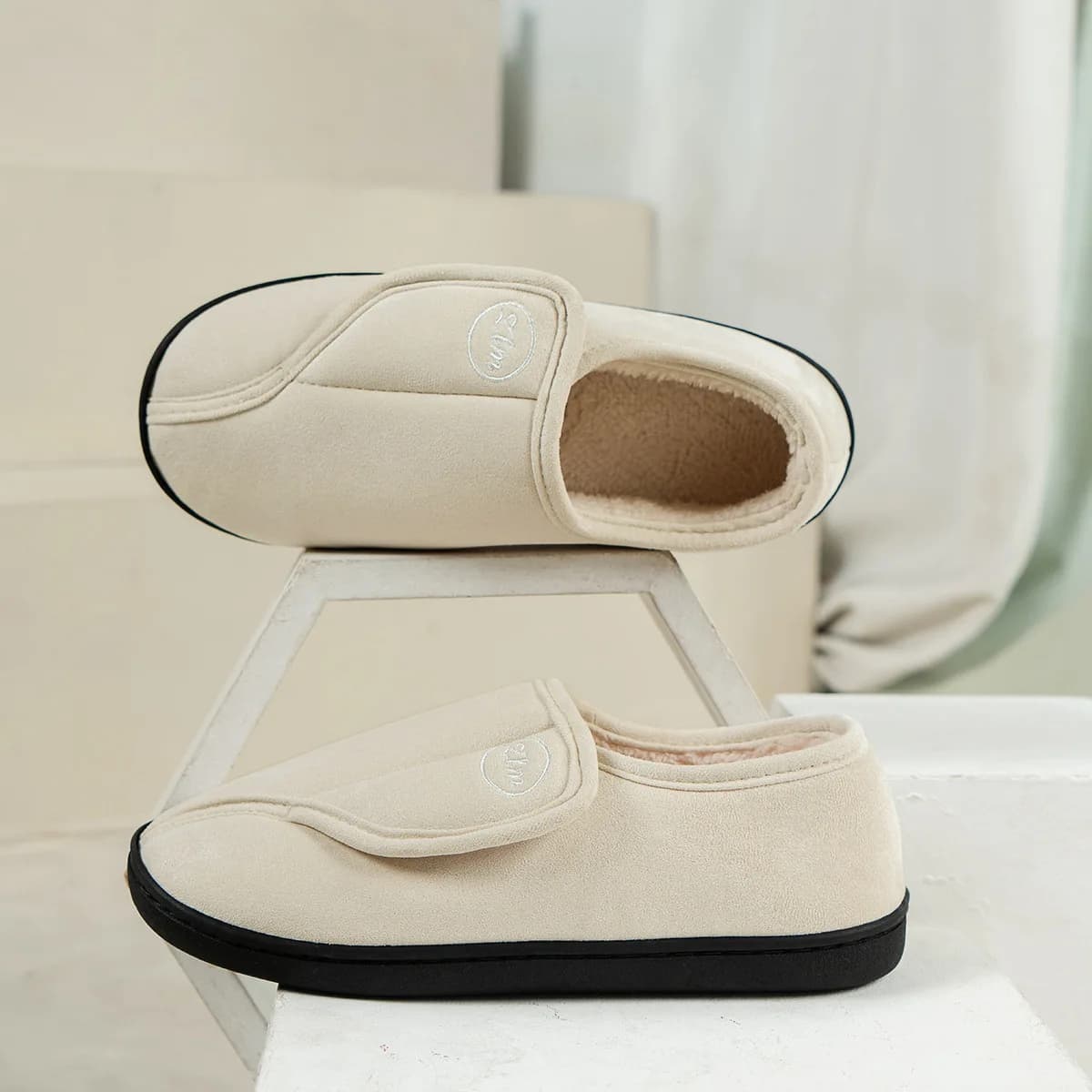 Litfun Winter Fluffy Slippers For Women Anti-slip Velcro Indoor Cotton Shoes Warm Fur Home Slides Flat Bottom Women's Slippers