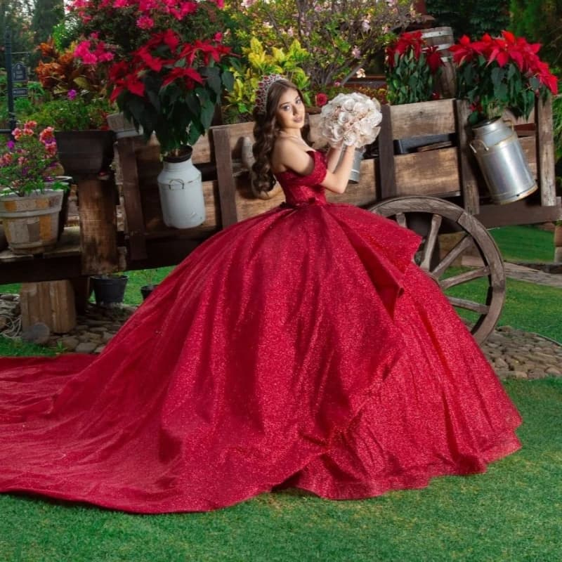 Abiti Quinceanera rossi lucidi con spalle scoperte Applique Fiore che borda Principessa Lusso Dolce 16 Abito abiti 15 de xv anos