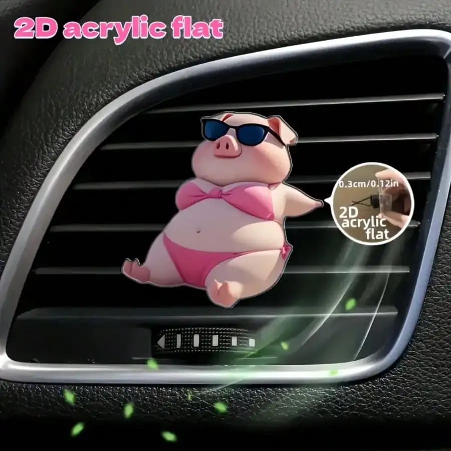 Decorazione per presa d'aria auto con motivo maialino rosa piatto 2D, senza profumo, con doppie spugne inodore, deodorante per auto, senza fonte di fragranza, ornamento di lusso in acrilico piatto 2D, accessori alla moda per interni auto