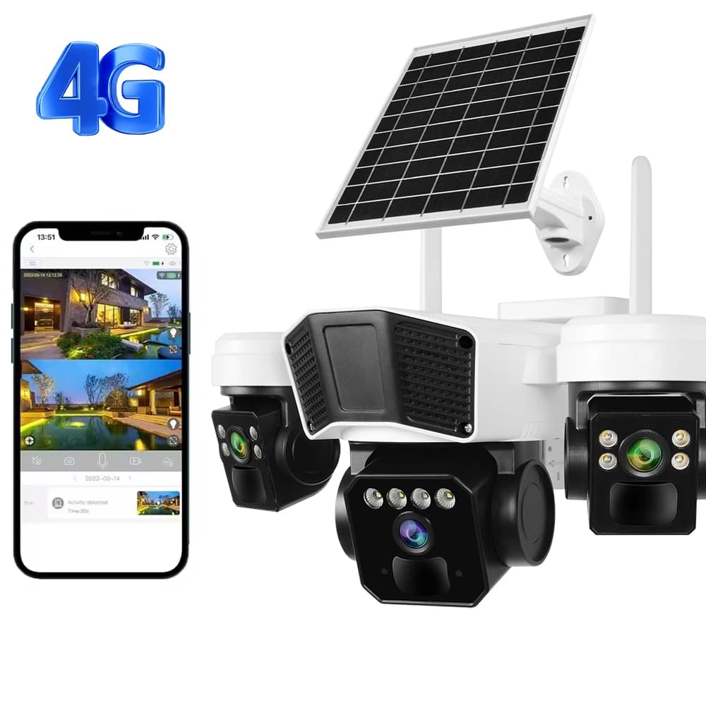 Telecamera IP di sorveglianza solare AOV da 9 MP per esterni a 3 obiettivi Scheda SIM 4G Ptz Ai Telecamera di sicurezza CCTV solare con pannelli solari