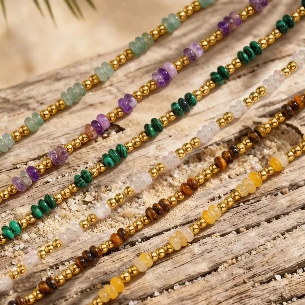 Bracciale con Catena di Pietre e Piccole Perline Distanziatrici, Stile Bohemien, da Donna, con Chiusura a Anello OT, Fatto a Mano, in Avventurina Verde