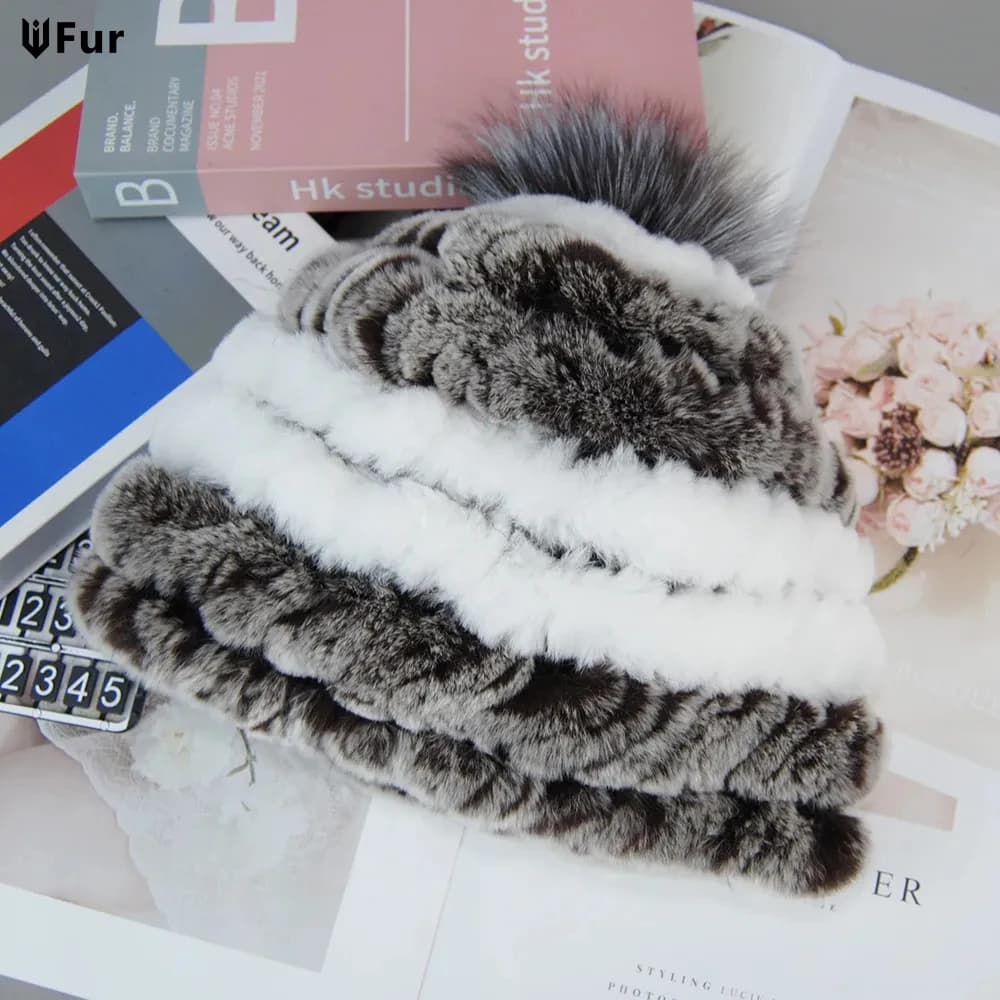 Knitted Good Elastic Women Real Fur Hat Natural Warm Rex Rabbit Fur Hats Top Fox Fur Pompom Caps Lady Quality Rex Rabbit Fur Cap