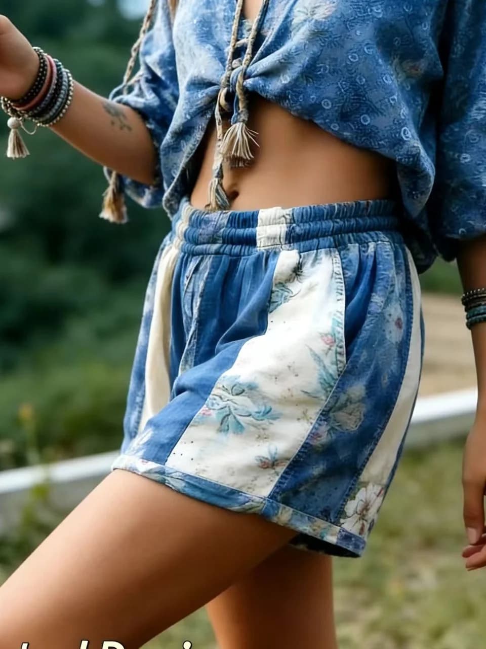 2D Printed Design - Non-Textured Women's Summer Bohemian Ethnic Geometric Floral Print Shorts, High-Waisted Elastic Waist Loose Wide-Leg Shorts for Women