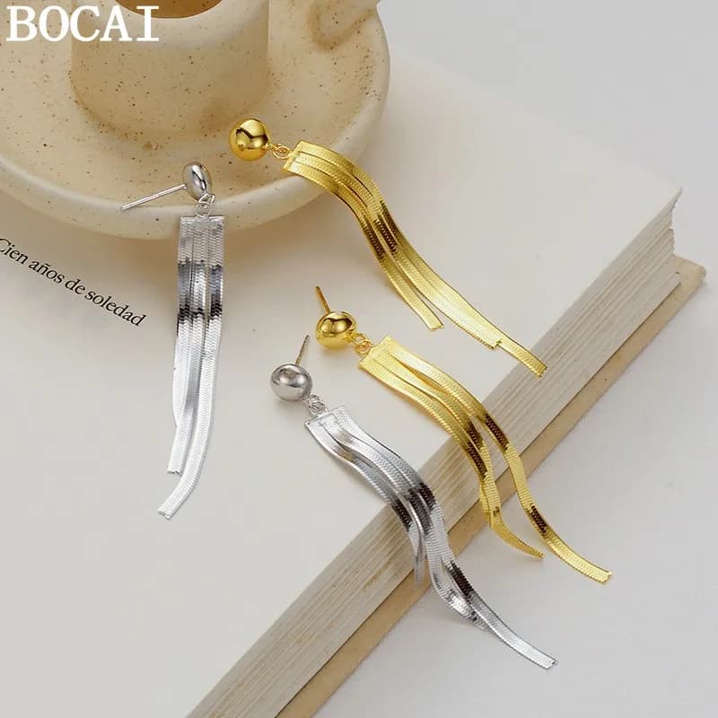 BOCAI Nuovi Orecchini in Argento Sterling S925 alla Moda e Personalizzati con Lunga Nappa e Catena a Osso di Serpente