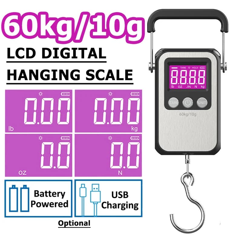 Bilancia sospesa digitale LCD da 60 kg/10 g Bilancia elettronica per bagagli in acciaio inossidabile Batteria/Ricarica Bilancia portatile