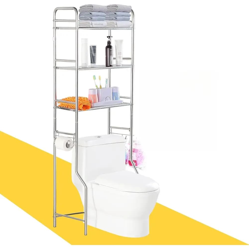 Scaffale a 3 livelli da posizionare sopra il WC con porta carta igienica, in acciaio inossidabile, colore argento, pratico e resistente