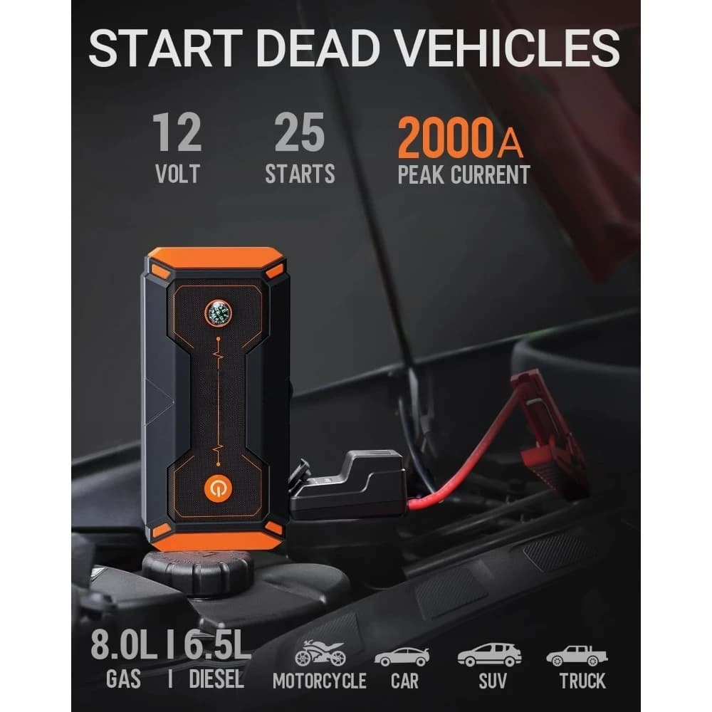 Avviatore di Emergenza Portatile 2000A per Auto, Batteria di Avviamento per Motori Benzina e Diesel fino a 8.0L 6.5L - NUOVO