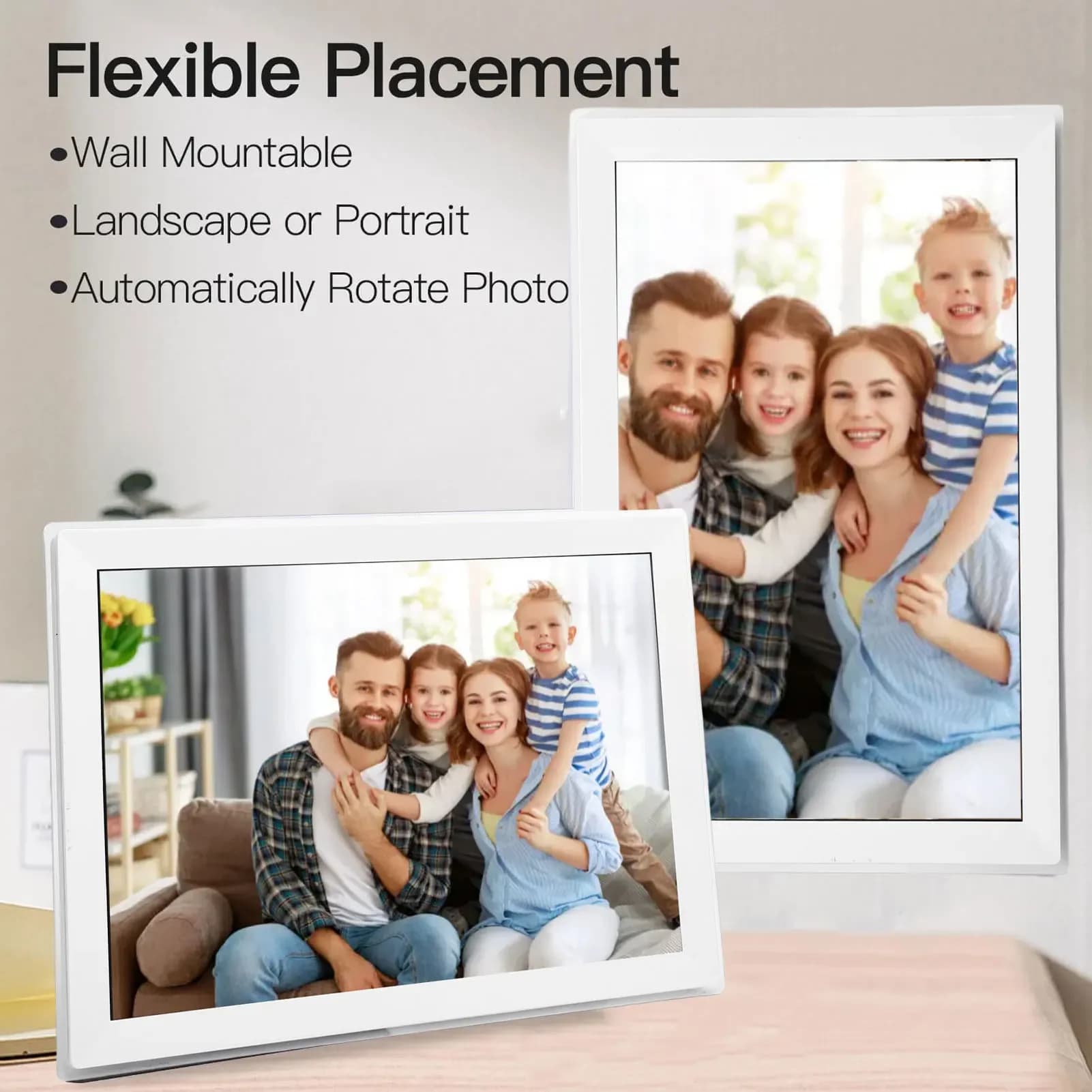 Cornice Digitale Smart da 15 Pollici - Schermo Touch HD, 32GB, WiFi, App per Foto/Video, Rotazione Automatica e Montabile a Parete