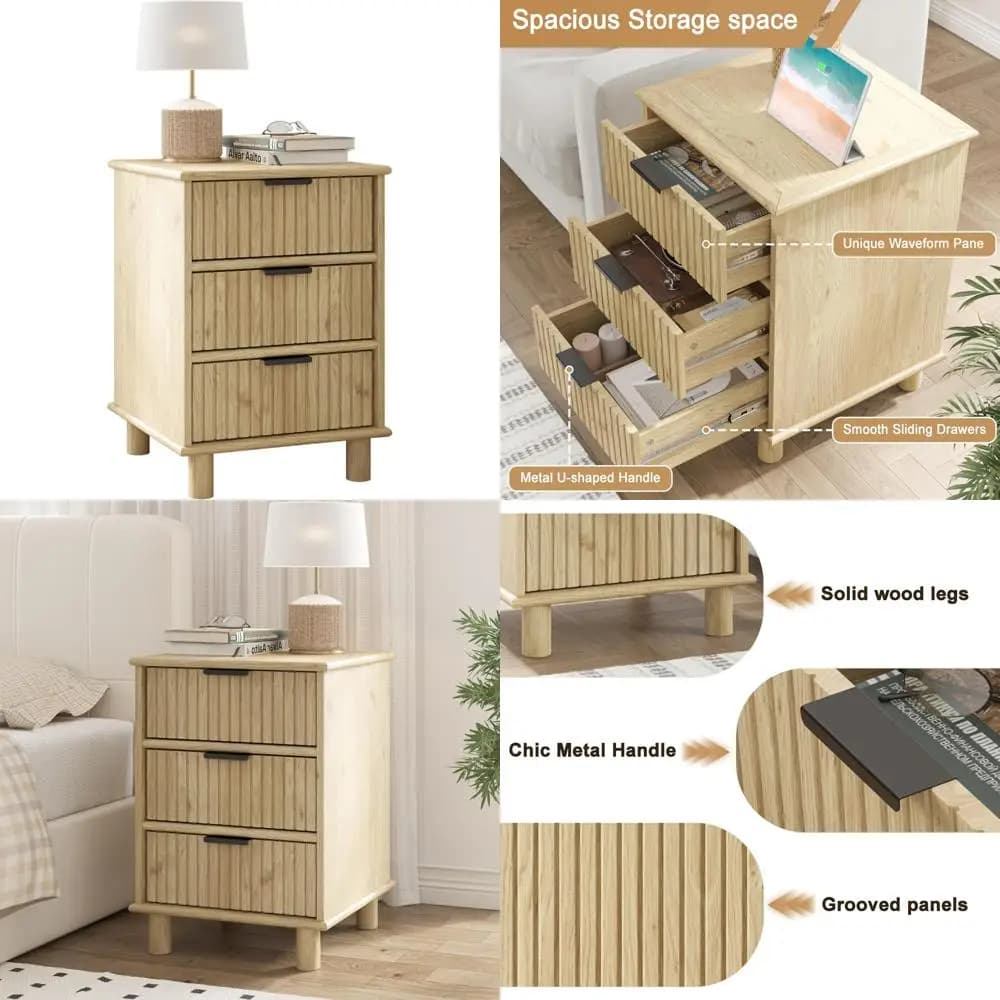 Comodino moderno a 3 cassetti in rovere con maniglie in metallo, design con curva arrotondata, 24 alti, gambe in legno, tavolino portaoggetti per camera da letto