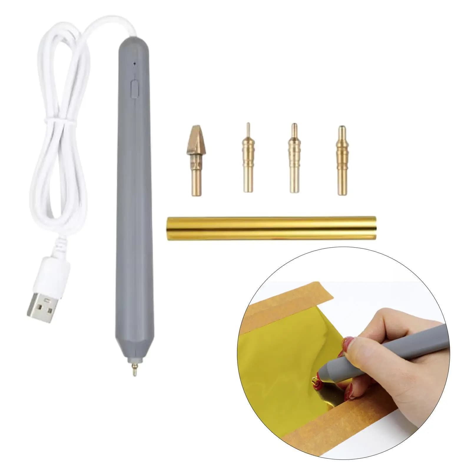 USB Heat Foil Pen with 4 Size Tips DC5V Multipurpose 6.14x0.71" Hot Embossing Stamping Pen Scrapbooking Tool Kit for Drawing