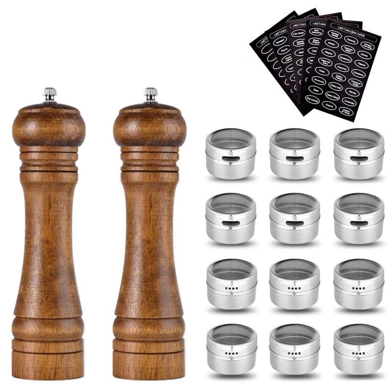 LMETJMA Legno Salt Pepper Mill e Magnetico Barattoli di Spezie Set Pepe Smerigliatrici Manuali di Salt Shaker con Regolabile In Ceramica Rotore KC0215
