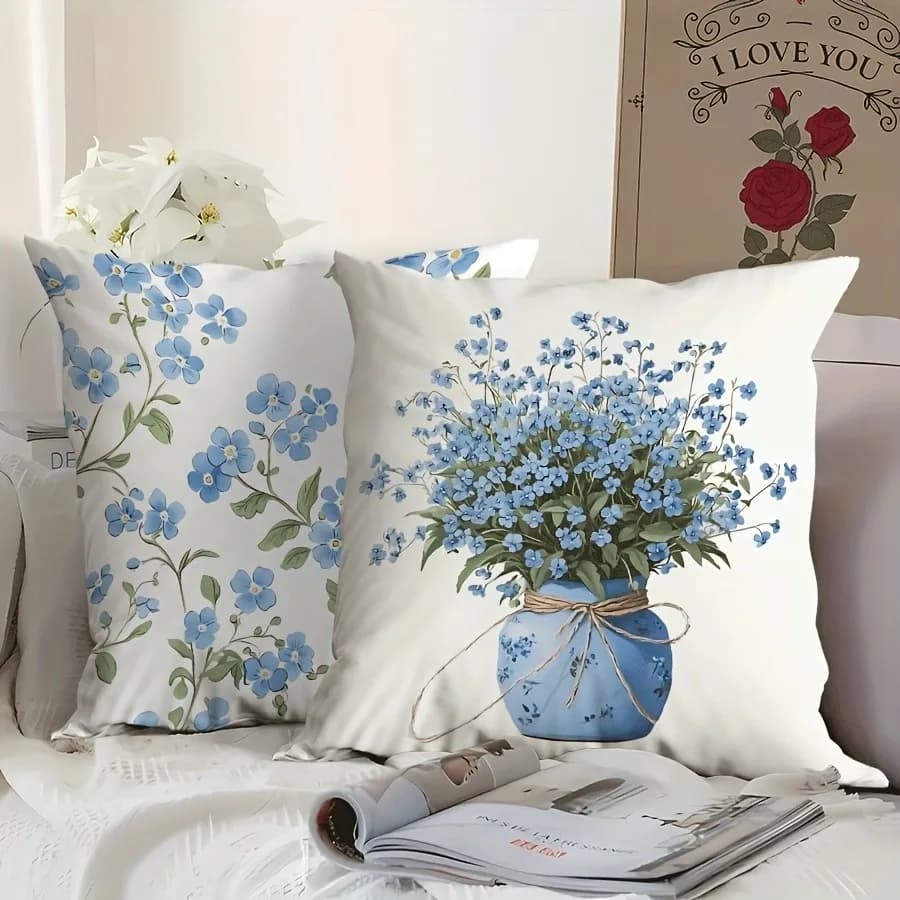 Set di 4 Federe Blu Chiaro 'Blessing of Spring' per Cuscini, Decorazione per Camera da Letto, Soggiorno e Divano, in Poliestere con Cerniera
