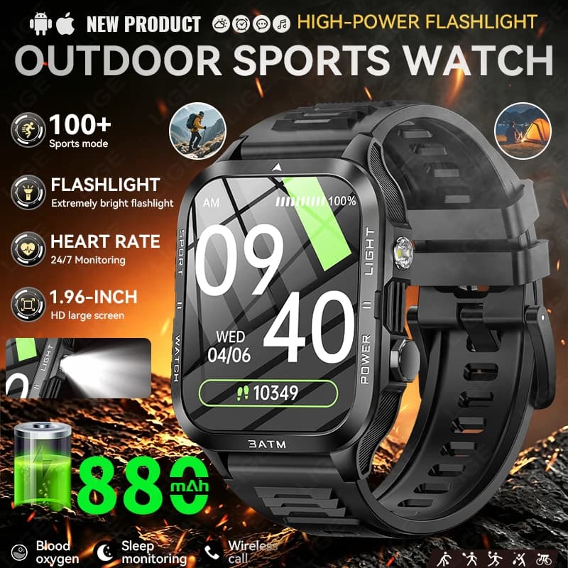 2026 New Military Grade Smart Watch Men 1.96" IPS Screen 3ATM Waterproof Sport Fitness Tracker LED Flashlight Outdoor Smartwatch