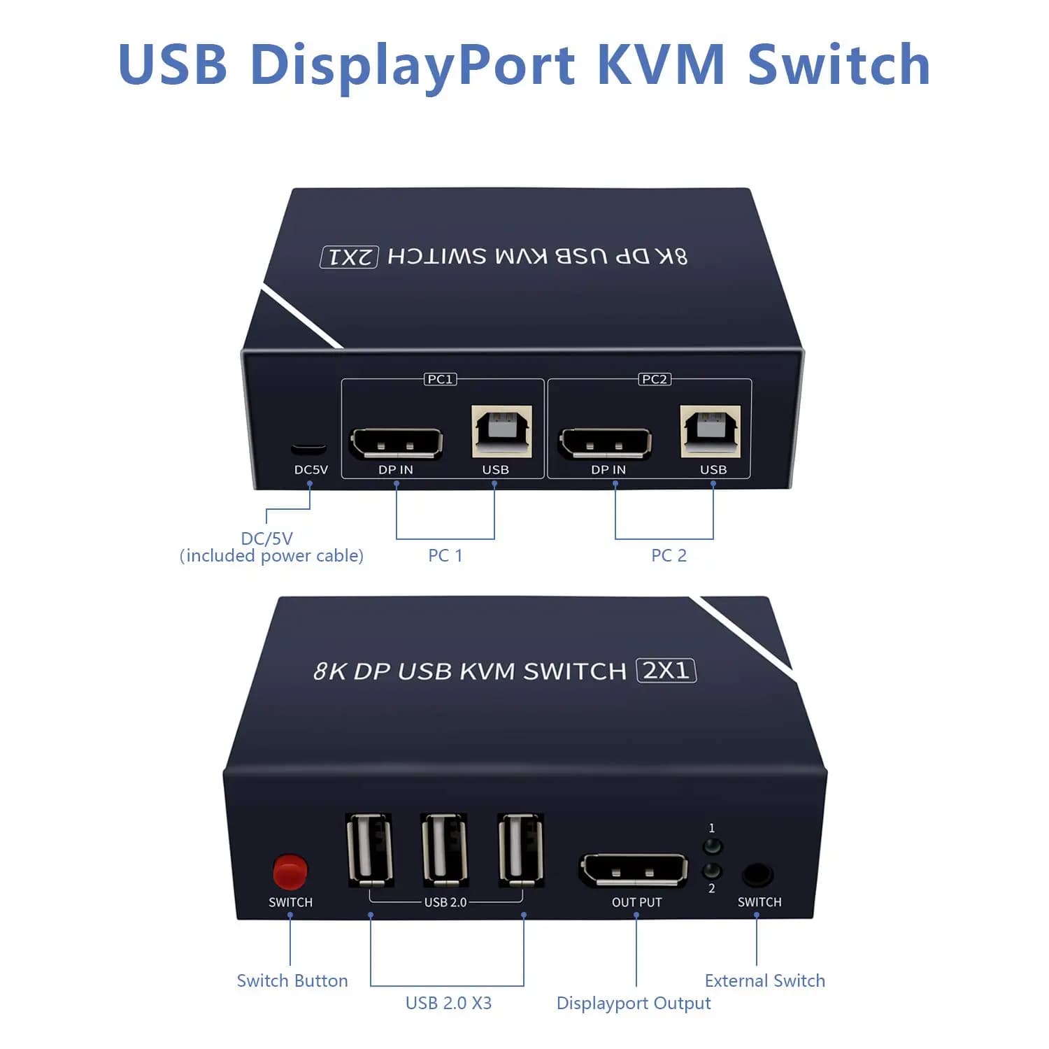 Switcher KVM DP 4K 8K DP 1.4 Switch USB Switcher Displayport USB 8K con audio e HUB USB 2.0 2 computer Condividi tastiera mouse