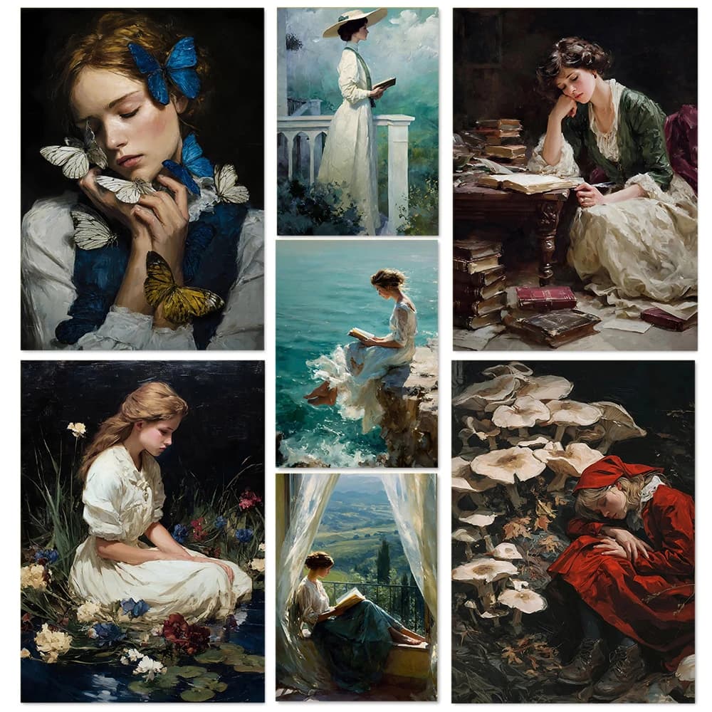 Romantic And Nostalgic Classical Beautiful Girl Oil Paint Portrait Art Poster Canvas Print Home Living Room Entrance Wall Decor