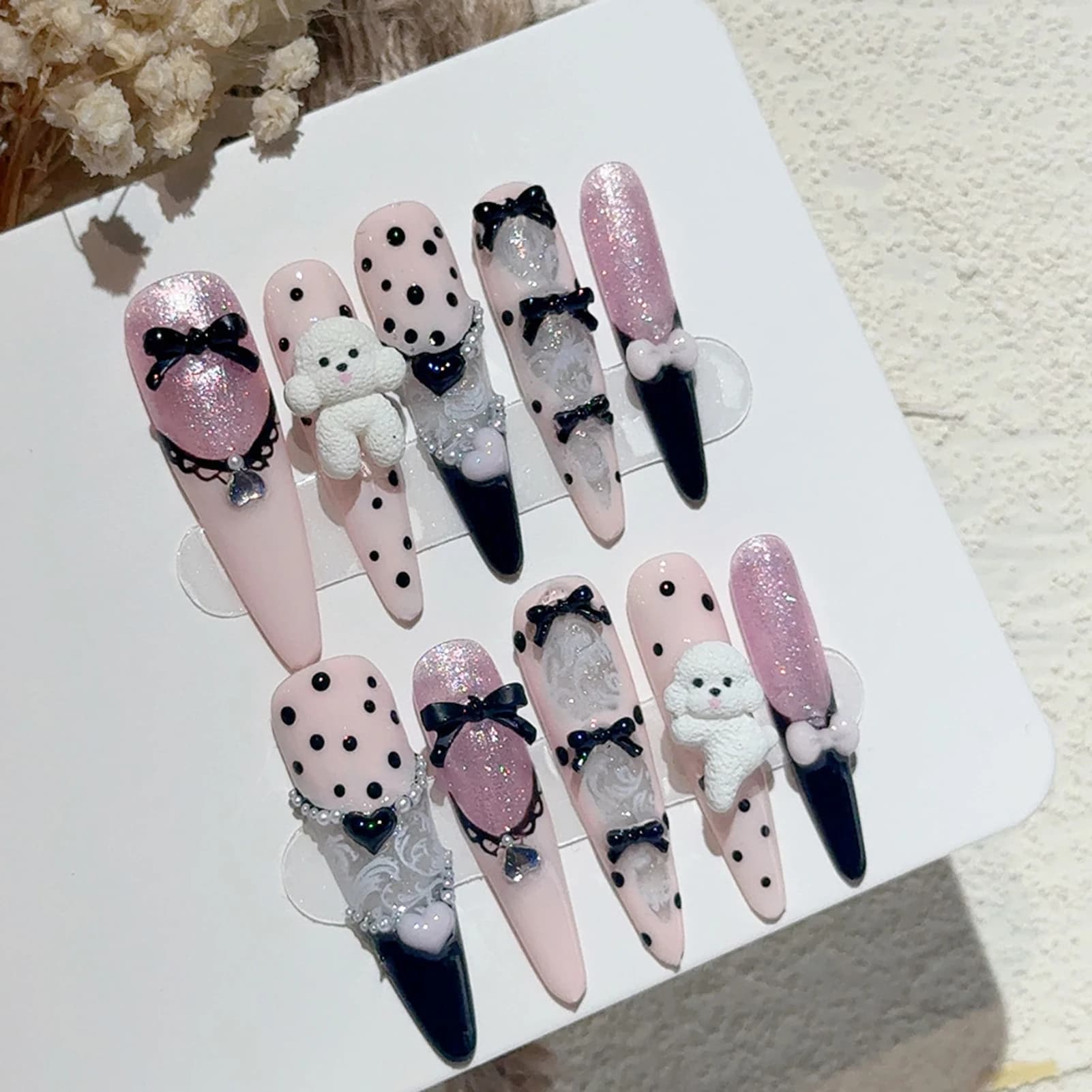 10 pieces of black polka dot French ballet print on fake nails for women nail art gift you for Halloween wedding party