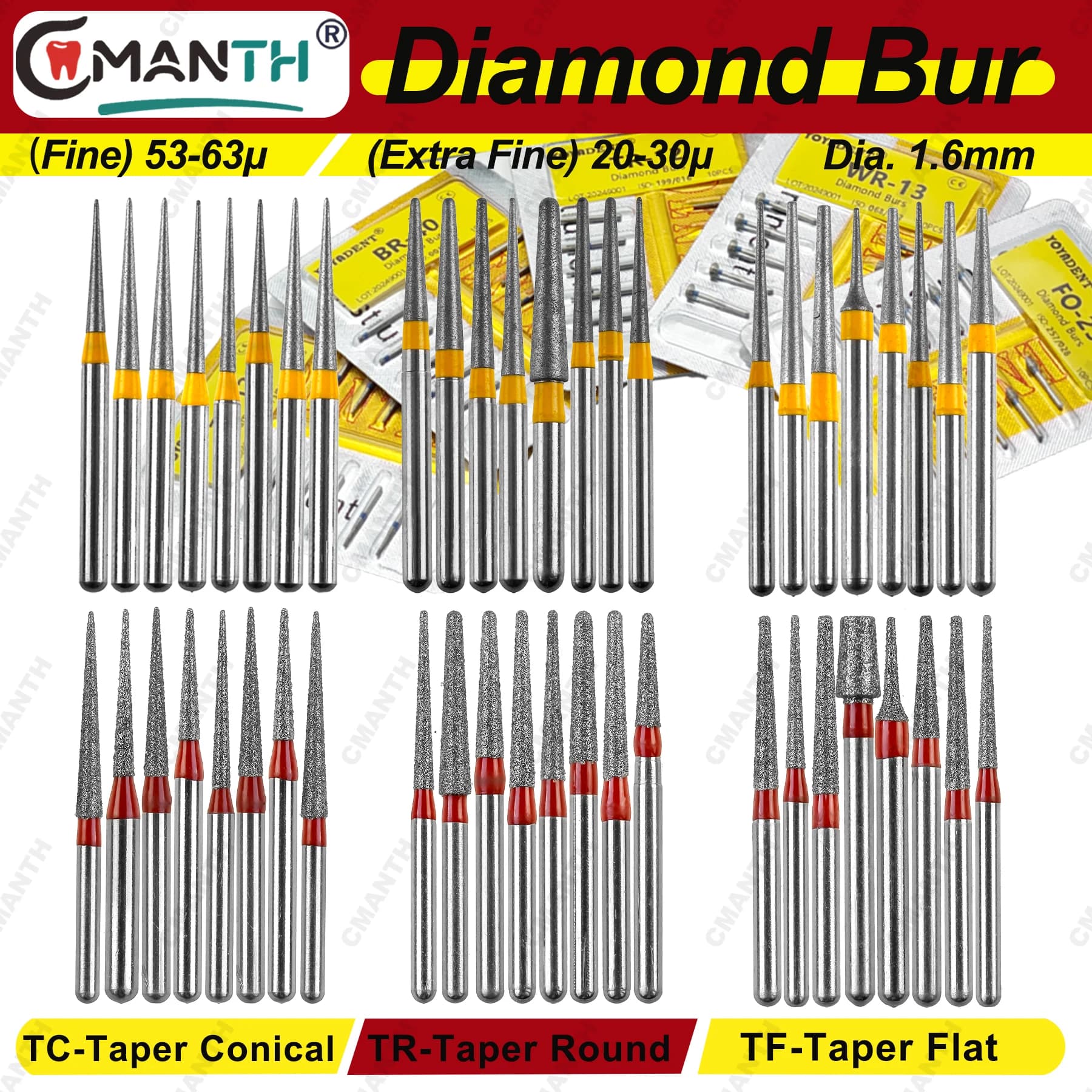 Fine/extra fine grit FG dental diamond cutters for high speed handpiece Dia. Tools for 1,6 mm TC/TF/TR teeth whitening, 10 pieces