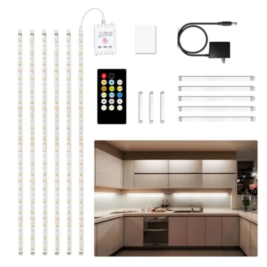 Kit di illuminazione sottoarmadio, 6 strisce luminose a LED con telecomando, dimmer e adattatore, dimmerabili per armadietti da cucina, banconi, TV B