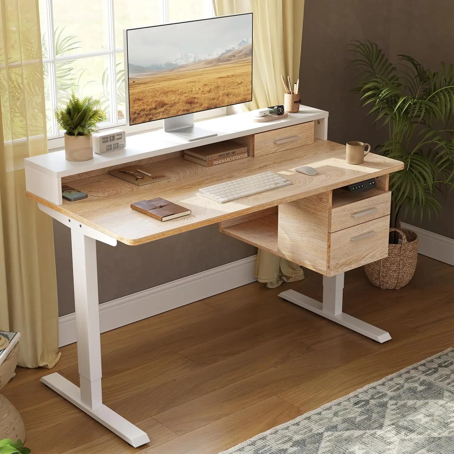 Electric Standing Desk 48 x 24 Inch with Monitor Shelf, 3 Drawers and Open Storage, Home Office Computer, Customized