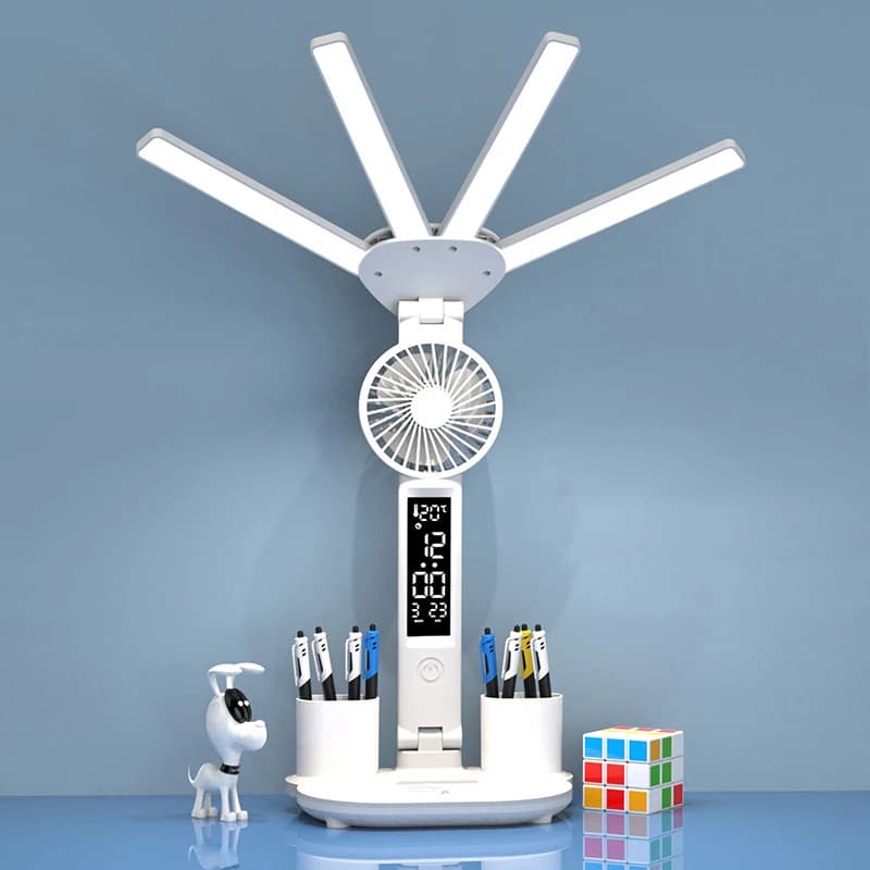 Lampada da tavolo ricaricabile per studio, lampada da tavolo lampada da lettura luce da tavolo a Led con ventola, lampada da lettura a Led con orologio