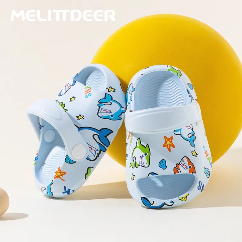 MELITTDEER Sandali Cartoon - 1 paio di pantofole con squalo stampato blu, beige e giallo, suola morbida, uso interno, pantofole per bambini