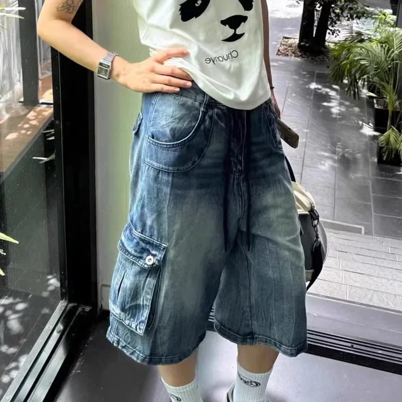 Pantaloni estivi sottili in denim multitasche larghi lavati americani a sette piedi Pantaloncini stile street per uomo e donna Pantaloncini jeans vintage