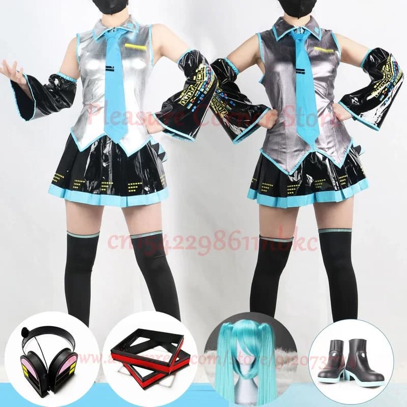 Miku Cosplay Set completo Argento Grigio Tessuto in pelle verniciata Vestito Miku Scarpe Cosplay Copricapo Costume Outfit JK uniforme Cosplay # 1 #