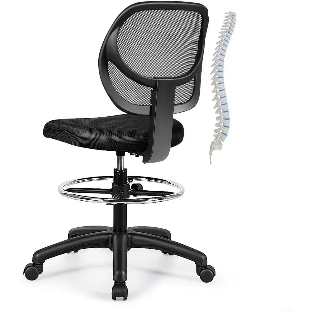 Sedia da Ufficio Ergonomica Girevole in Rete Nera con Poggiapiedi Regolabile per Computer, Bar o Cucina