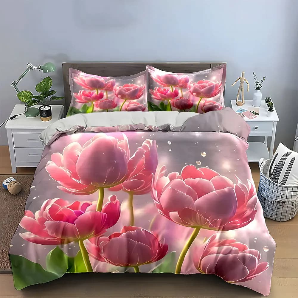 Set Decorativo Tulipano Rosa - Set Biancheria da Letto con 1 Copripiumino e 2 Federe, Singolo, Matrimoniale, King, Queen, Idea Regalo